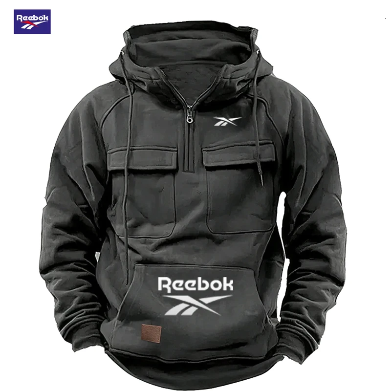 2026 Reebok Logo Multi-Pocket Design Hoodie - The Top Choice for Fashionable Autumn and Winter, a Semi-Zippered Hooded Comforta