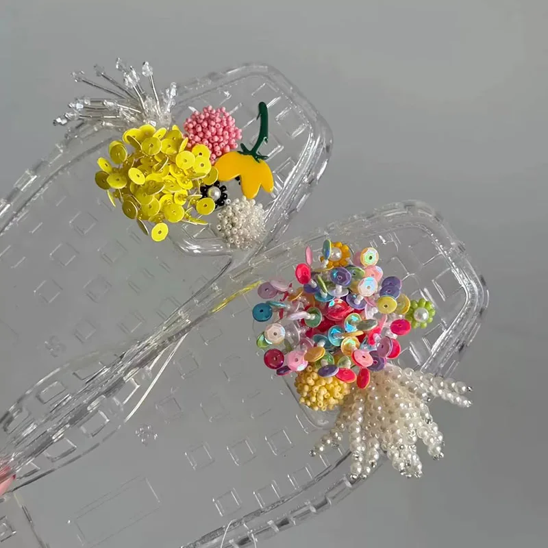 Korean Beaded Flower Shoe Charms Clear Crystal Jelly Shoes DIY Accessories Removable Clips for Sneakers Flats Sweet Decorations