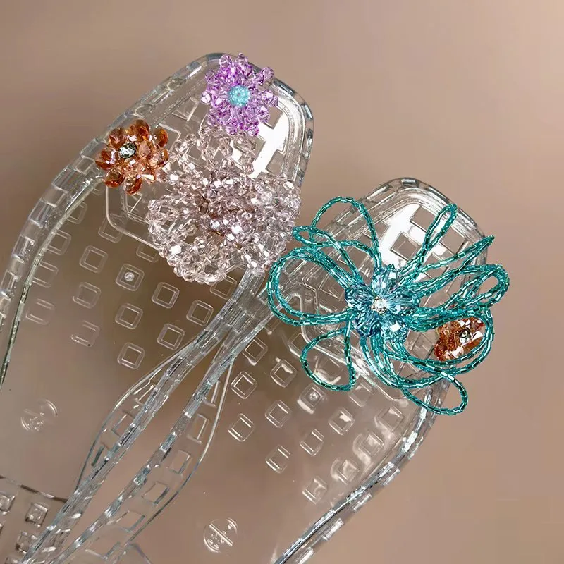 Korean Beaded Flower Shoe Charms Clear Crystal Jelly Shoes DIY Accessories Removable Clips for Sneakers Flats Sweet Decorations