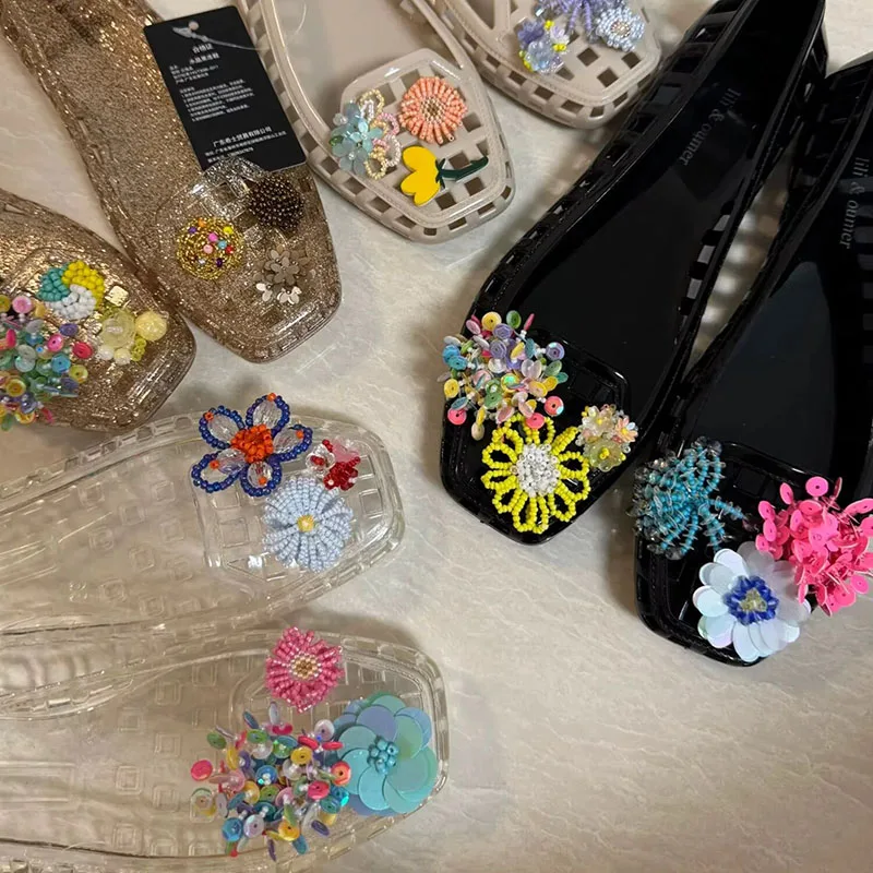 Korean Beaded Flower Shoe Charms Clear Crystal Jelly Shoes DIY Accessories Removable Clips for Sneakers Flats Sweet Decorations