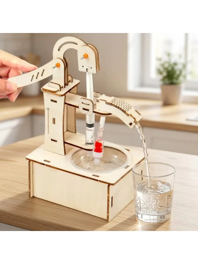 Wooden DIY Hand Pump Well Model STEM Educational Science Experiment Assembly Toy Physics Learning and Gifts