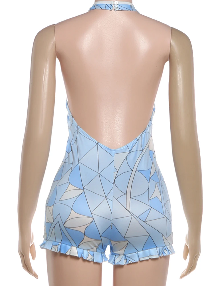 Nibber Fashion Rompers Woman Plaid Patchwork Halter Low-Neck Backless Sleeveless Ruffles Hem Skinny Peach Hip Sexy Playsuits