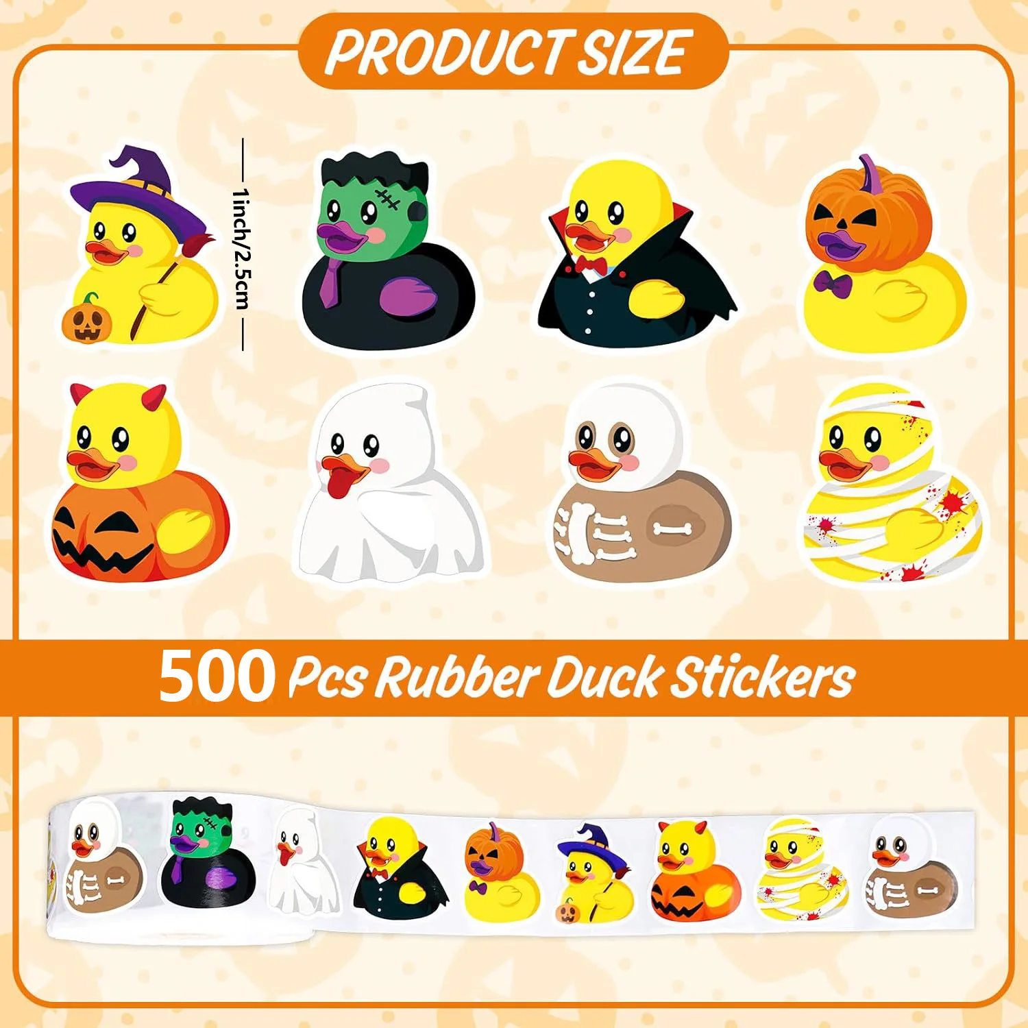 500Pcs Halloween Rubber Duck Roll Stickers Funny Cartoon Duck Label Decals for Envelope Scrapbook Trick or Treat Party Supplies