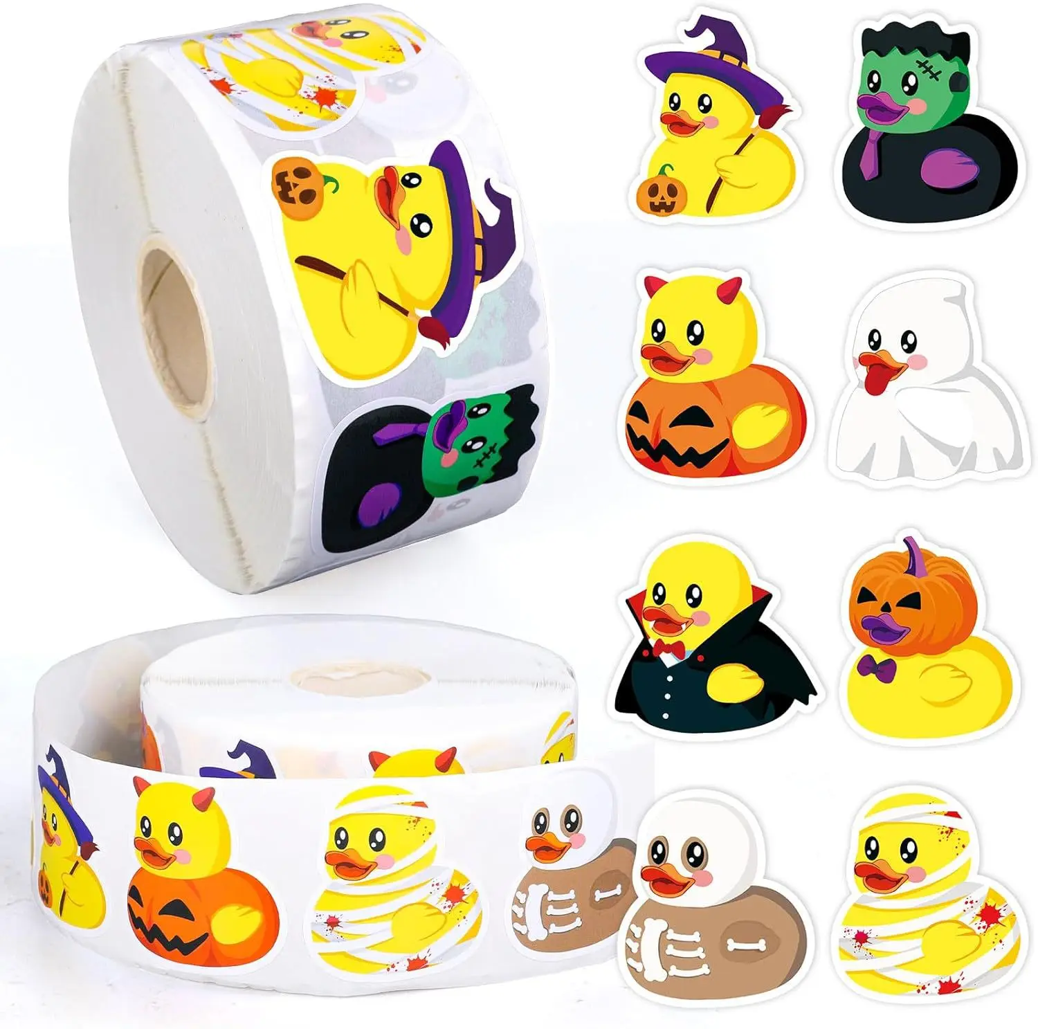 500Pcs Halloween Rubber Duck Roll Stickers Funny Cartoon Duck Label Decals for Envelope Scrapbook Trick or Treat Party Supplies