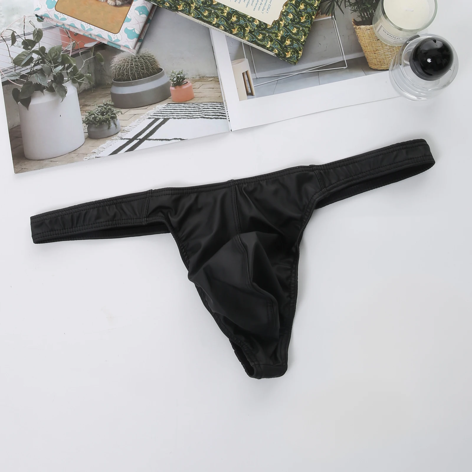 Men's Faux Leather Swimwear T-Back Swim Thong Low Rise Sexy Bikini G-String Swimsuit Beachwear Bathing Suit