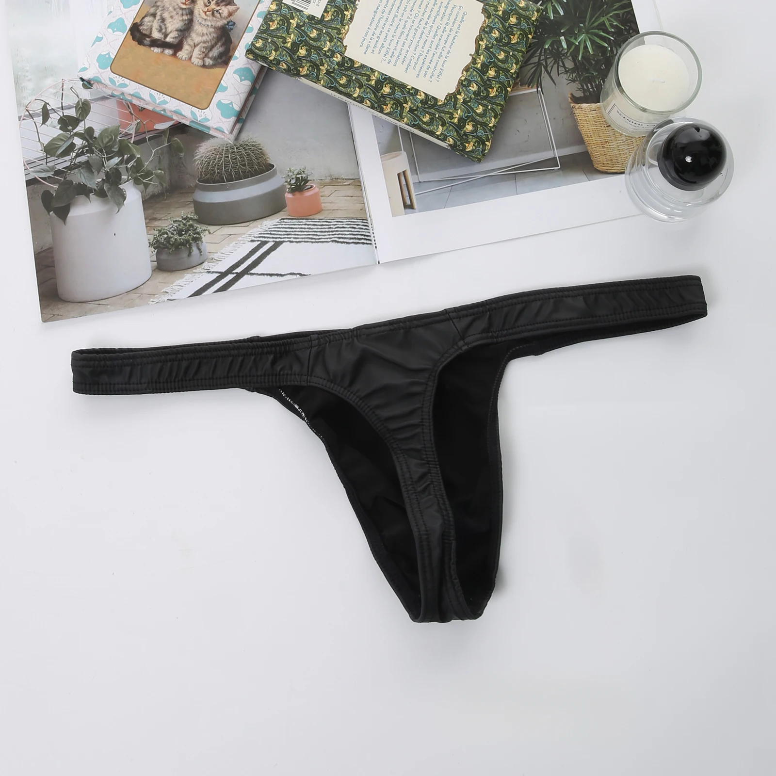 Men's Faux Leather Swimwear T-Back Swim Thong Low Rise Sexy Bikini G-String Swimsuit Beachwear Bathing Suit
