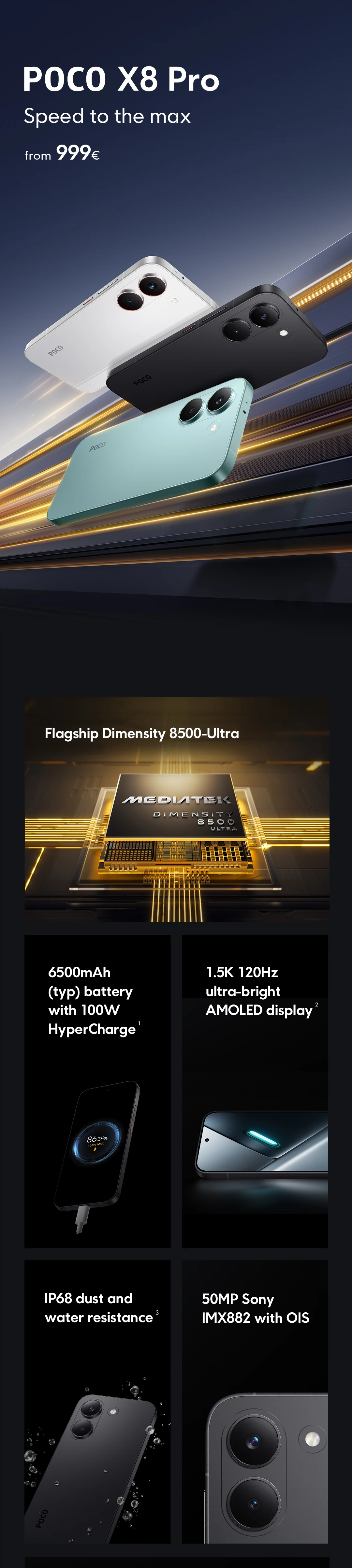 POCO X8 Pro 5G European Version 256GB/512GB 6.59" AMOLED 1.5K 120Hz 6210mAh 50MP OIS IP68 NFC Dimensity 8500-Ultra No Charger