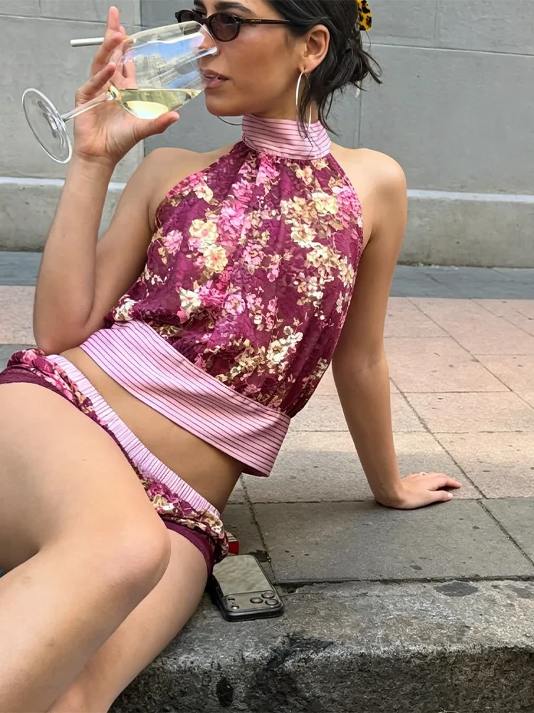 Women's Vintage Boho Floral Print Halter Neck Top Sleeveless Chiffon Blouse With Pink Ribbon Tie Waist Casual Summer Crop Top