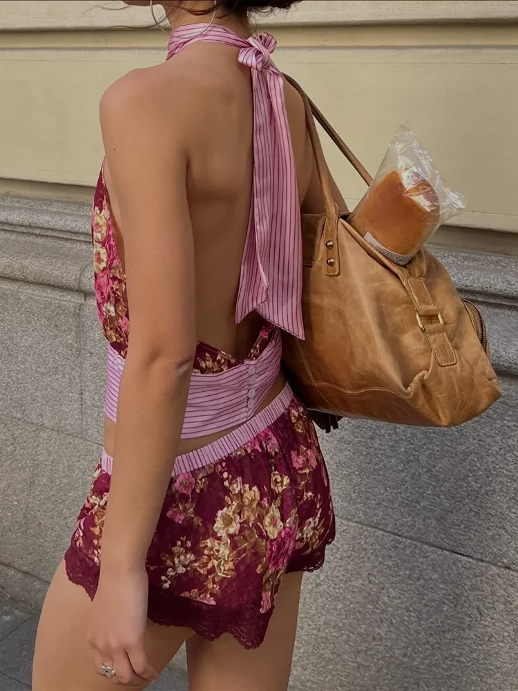 Women's Vintage Boho Floral Print Halter Neck Top Sleeveless Chiffon Blouse With Pink Ribbon Tie Waist Casual Summer Crop Top