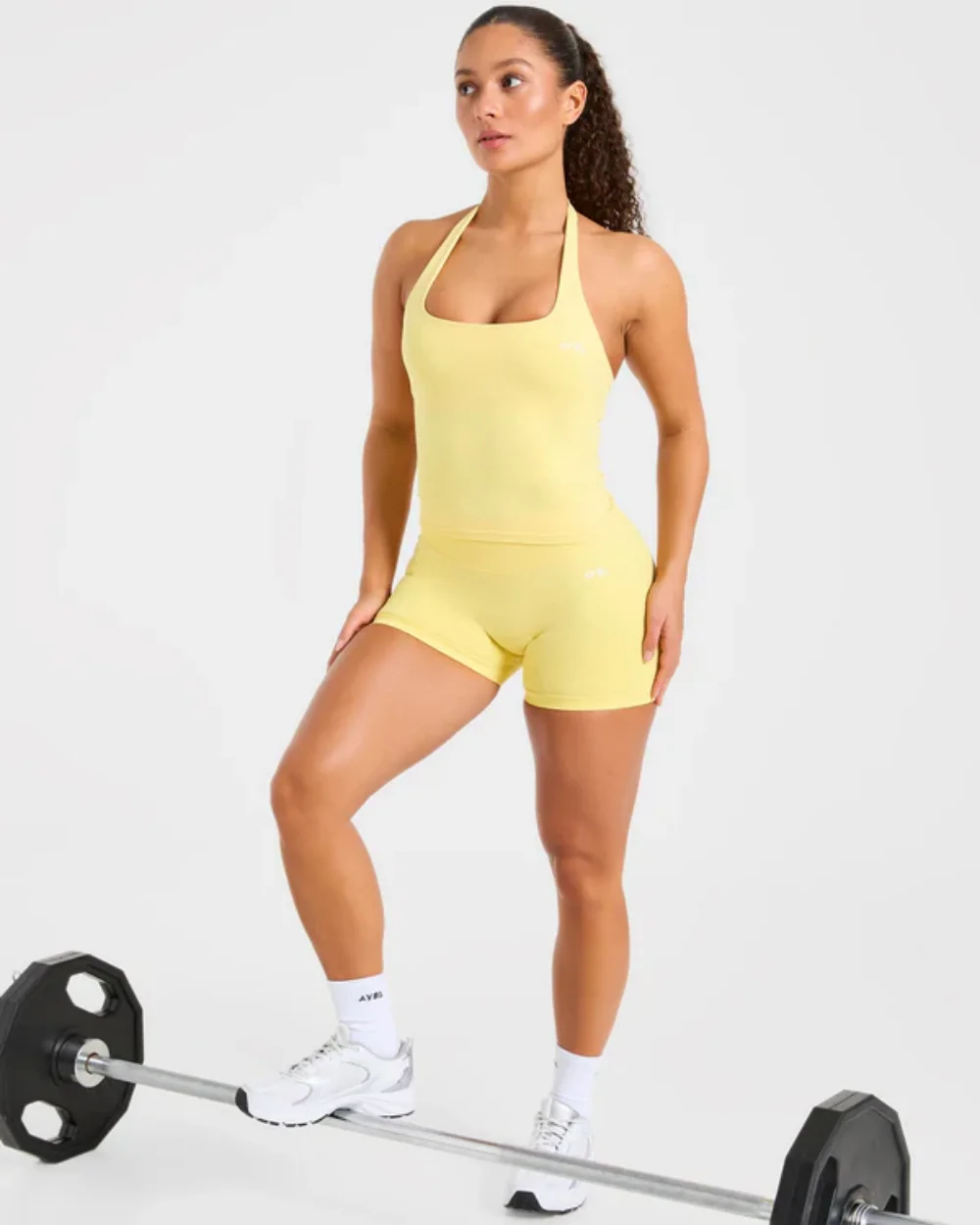 Brand Halter-Neck Top & Sports Bra Set, Ruched Butt-Lifting Fitness Shorts, Athletic Shorts, and Stretchy Fitness Leggings