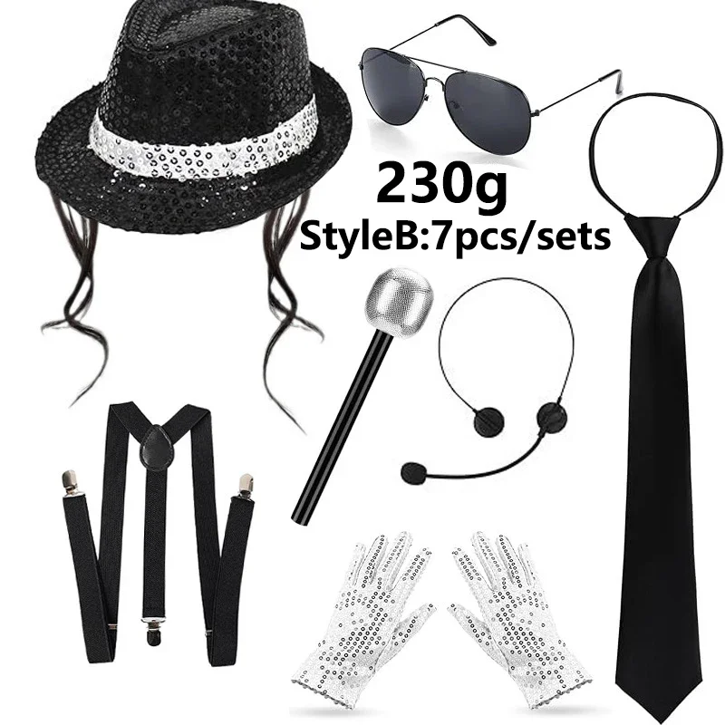 Michael Jackson Cosplay Accessories Set Sequin Hat Gloves Sunglasses Suspender Tie for Halloween Party