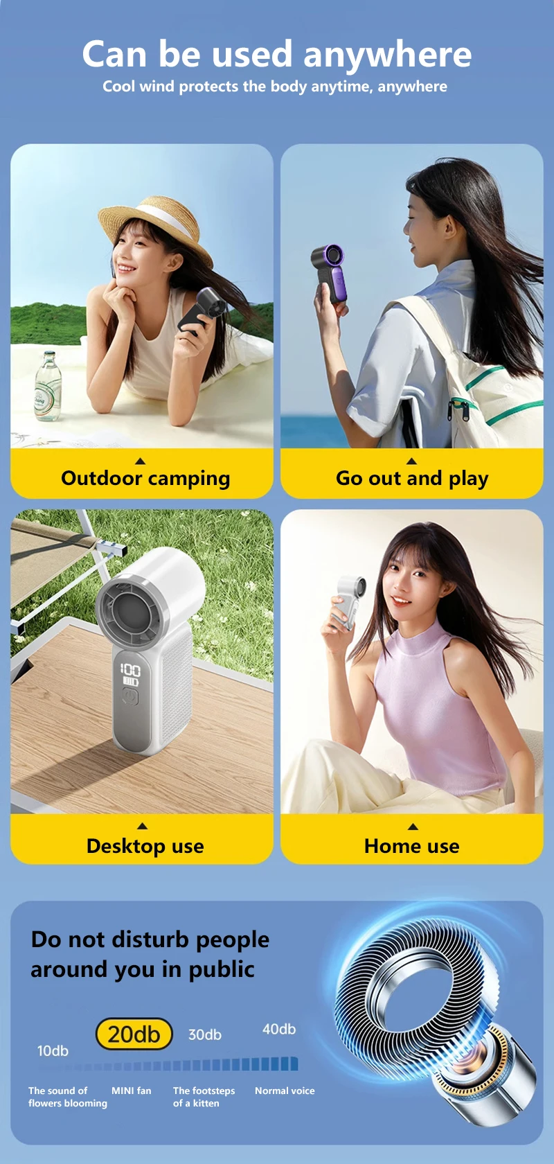Lenovo Portable Handheld Mini Fan 100 Speed Adjust Type C Rechargeable Fan Digital Display Desktop Fan Outdoor