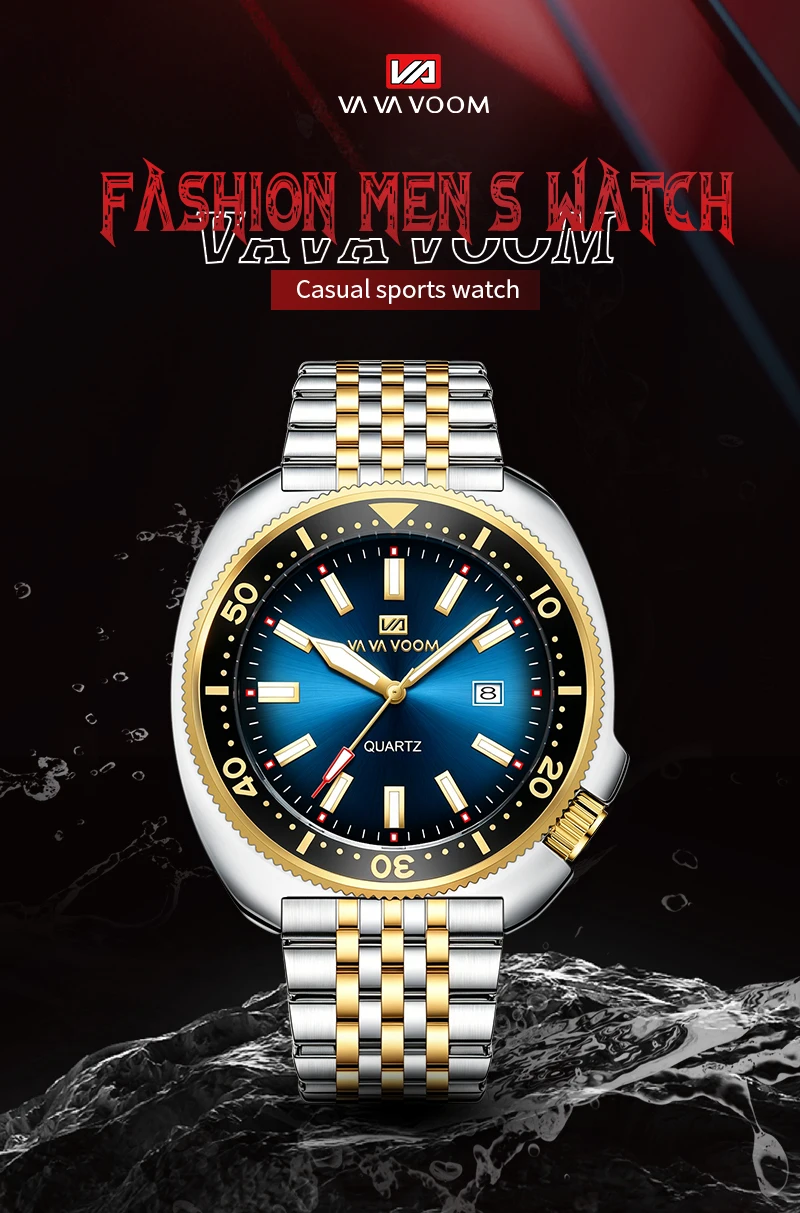 VA VA VOOM Hot Selling Original Colorful Gradient Blue Surface Quartz Watch Men Fashion Stainless Steel Watch for Men Clock Gift