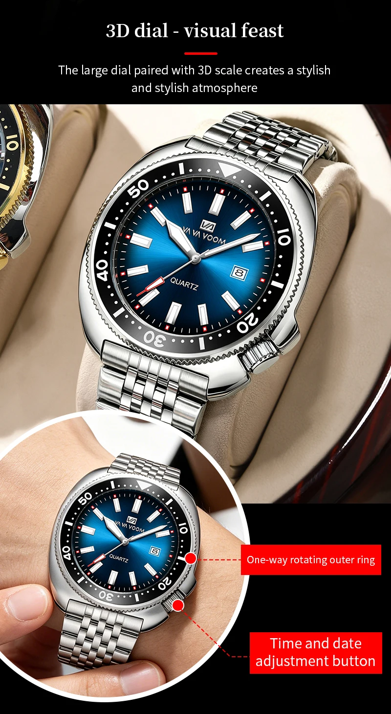 VA VA VOOM Hot Selling Original Colorful Gradient Blue Surface Quartz Watch Men Fashion Stainless Steel Watch for Men Clock Gift