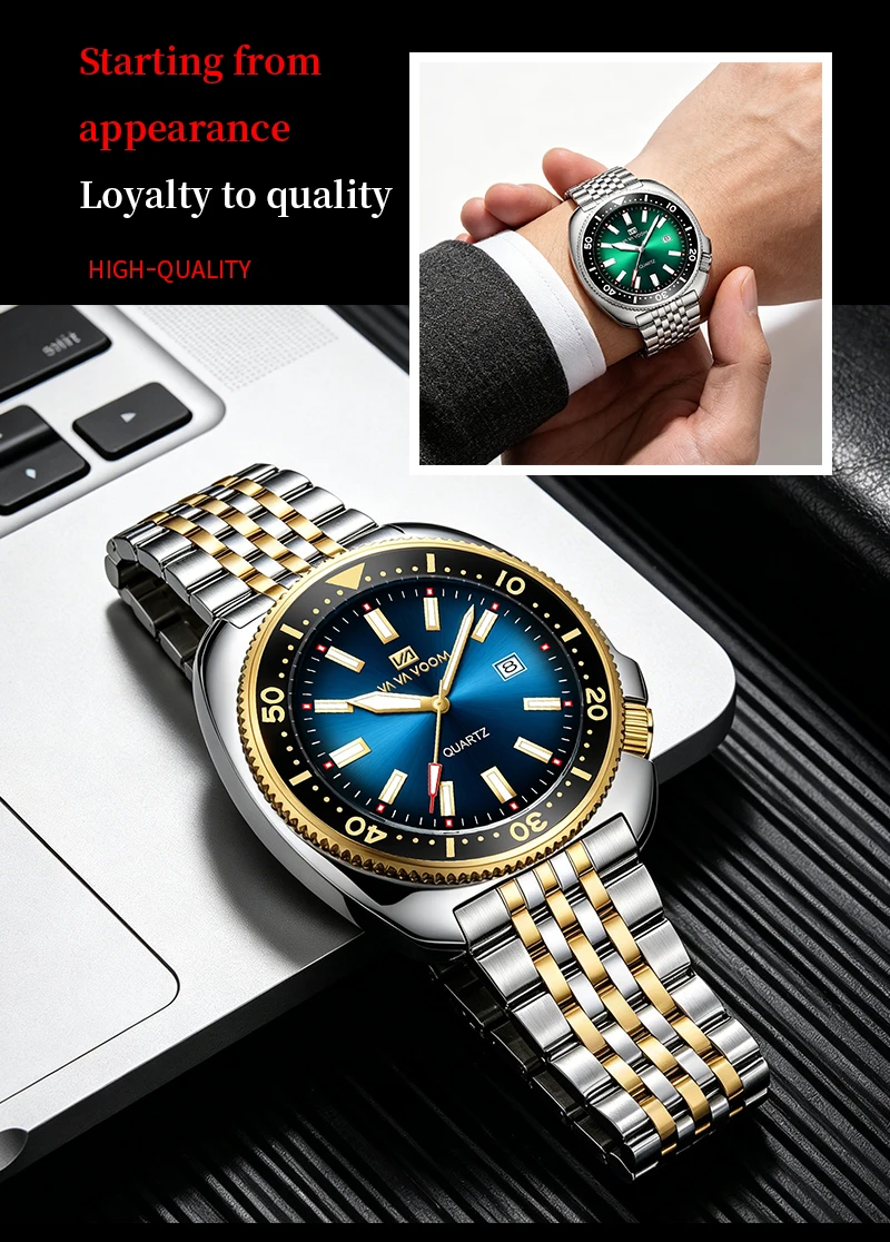 VA VA VOOM Hot Selling Original Colorful Gradient Blue Surface Quartz Watch Men Fashion Stainless Steel Watch for Men Clock Gift