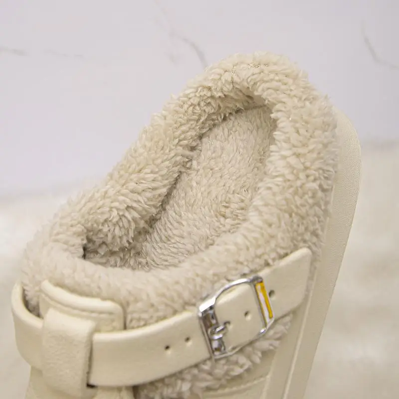Casual Metal Buckle Warm Plush Mules Slippers Women Winter 2026 Soft Thick Sole Indoor Slippers Waterproof EVA Furry Clogs Mujer