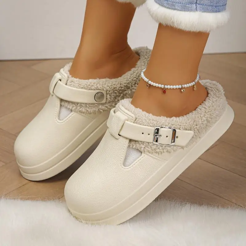Casual Metal Buckle Warm Plush Mules Slippers Women Winter 2026 Soft Thick Sole Indoor Slippers Waterproof EVA Furry Clogs Mujer