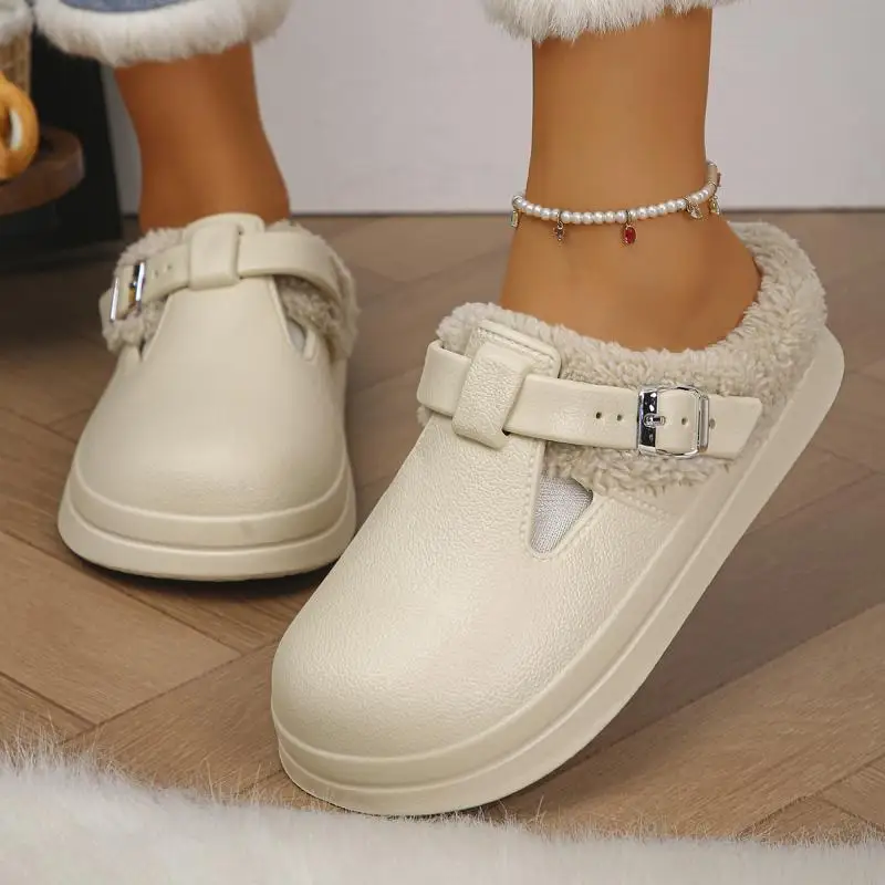 Casual Metal Buckle Warm Plush Mules Slippers Women Winter 2026 Soft Thick Sole Indoor Slippers Waterproof EVA Furry Clogs Mujer