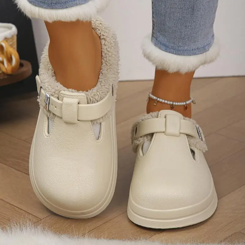 Casual Metal Buckle Warm Plush Mules Slippers Women Winter 2026 Soft Thick Sole Indoor Slippers Waterproof EVA Furry Clogs Mujer