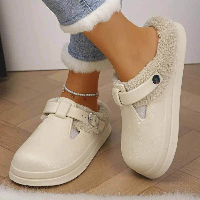 Casual Metal Buckle Warm Plush Mules Slippers Women Winter 2026 Soft Thick Sole Indoor Slippers Waterproof EVA Furry Clogs Mujer