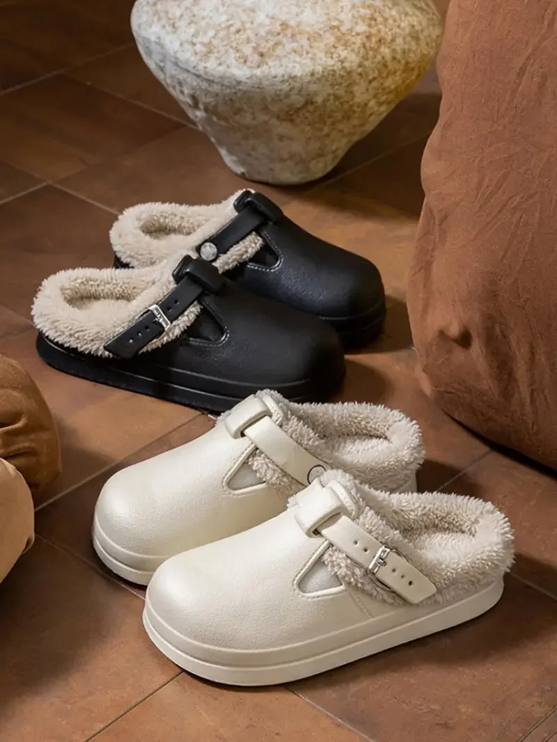 Casual Metal Buckle Warm Plush Mules Slippers Women Winter 2026 Soft Thick Sole Indoor Slippers Waterproof EVA Furry Clogs Mujer