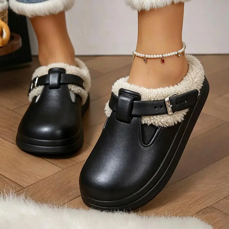 Casual Metal Buckle Warm Plush Mules Slippers Women Winter 2026 Soft Thick Sole Indoor Slippers Waterproof EVA Furry Clogs Mujer