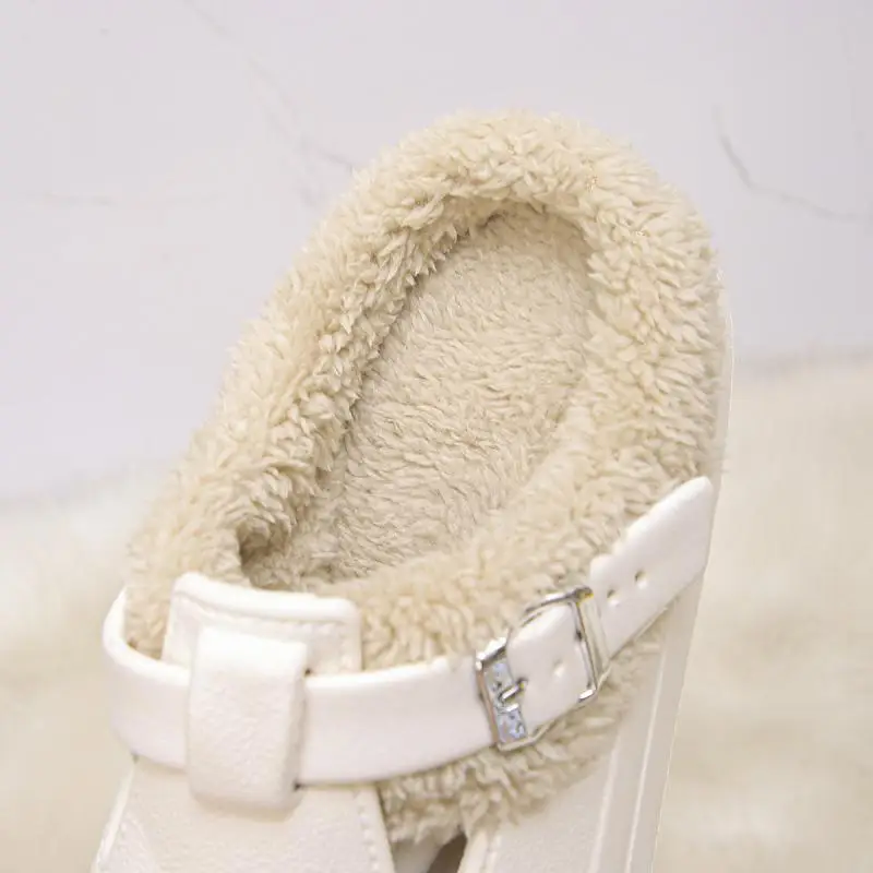 Casual Metal Buckle Warm Plush Mules Slippers Women Winter 2026 Soft Thick Sole Indoor Slippers Waterproof EVA Furry Clogs Mujer
