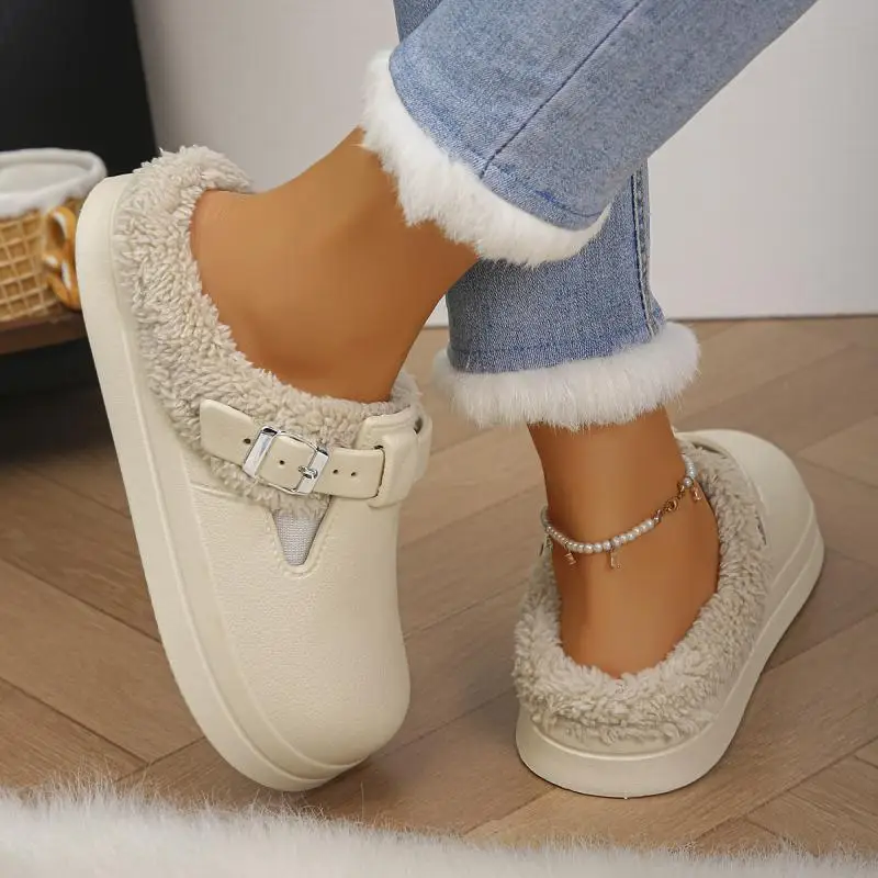 Casual Metal Buckle Warm Plush Mules Slippers Women Winter 2026 Soft Thick Sole Indoor Slippers Waterproof EVA Furry Clogs Mujer