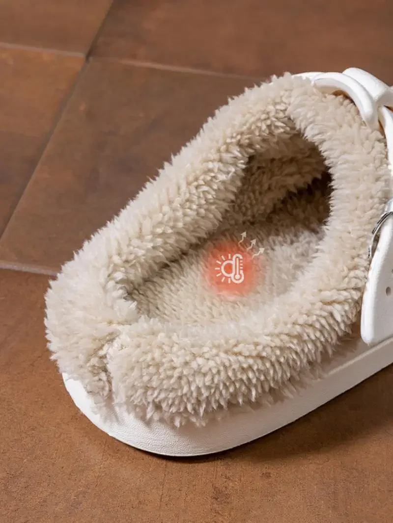 Casual Metal Buckle Warm Plush Mules Slippers Women Winter 2026 Soft Thick Sole Indoor Slippers Waterproof EVA Furry Clogs Mujer