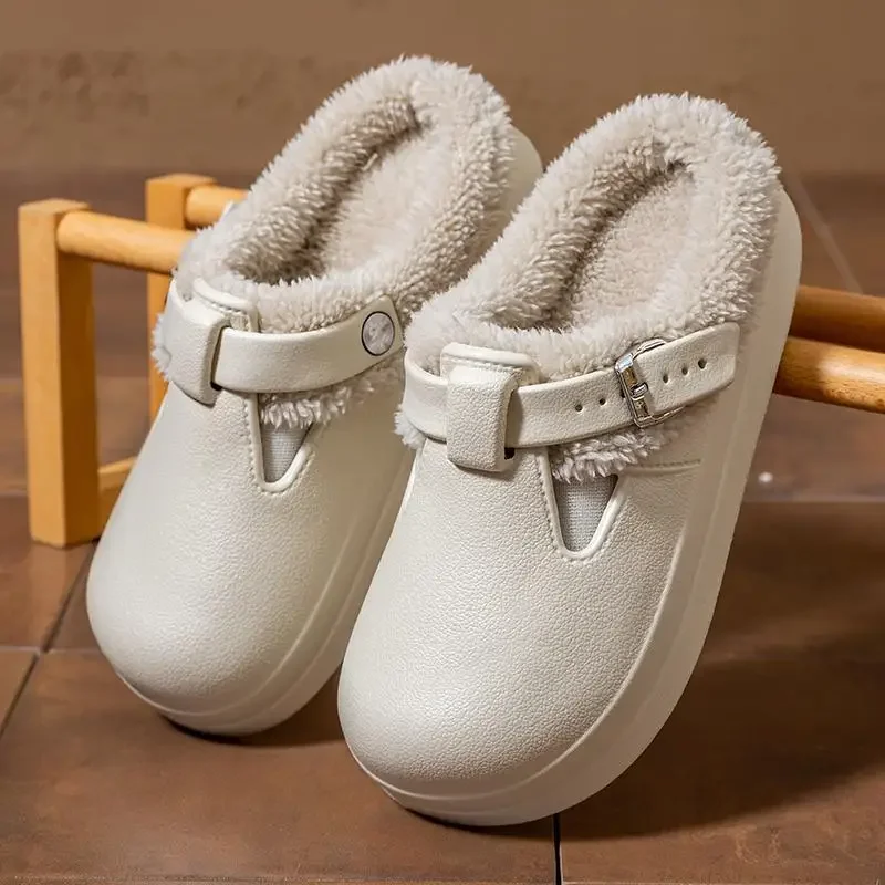 Casual Metal Buckle Warm Plush Mules Slippers Women Winter 2026 Soft Thick Sole Indoor Slippers Waterproof EVA Furry Clogs Mujer
