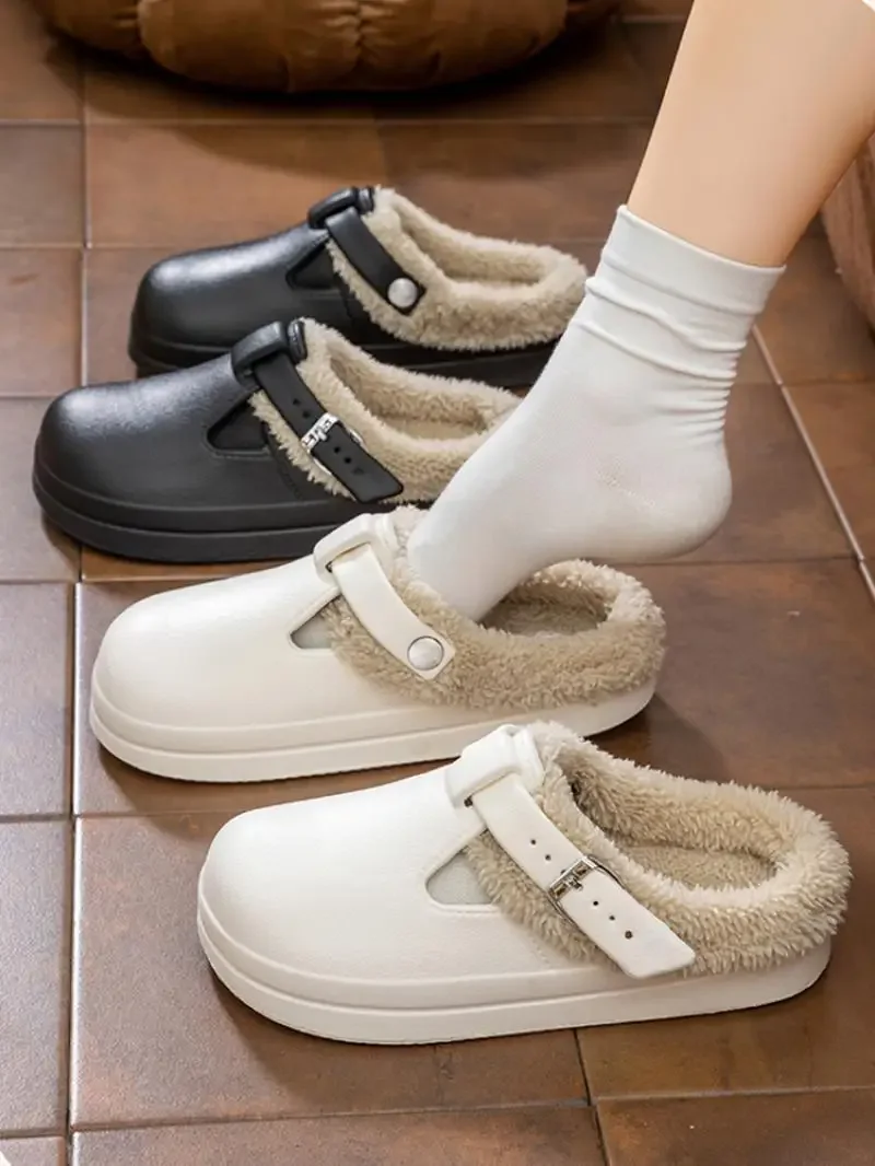 Casual Metal Buckle Warm Plush Mules Slippers Women Winter 2026 Soft Thick Sole Indoor Slippers Waterproof EVA Furry Clogs Mujer