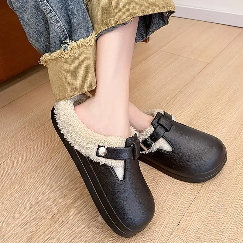 Casual Metal Buckle Warm Plush Mules Slippers Women Winter 2026 Soft Thick Sole Indoor Slippers Waterproof EVA Furry Clogs Mujer