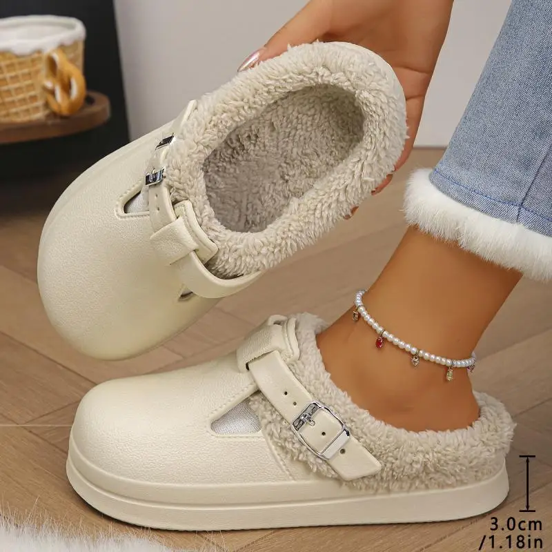 Casual Metal Buckle Warm Plush Mules Slippers Women Winter 2026 Soft Thick Sole Indoor Slippers Waterproof EVA Furry Clogs Mujer
