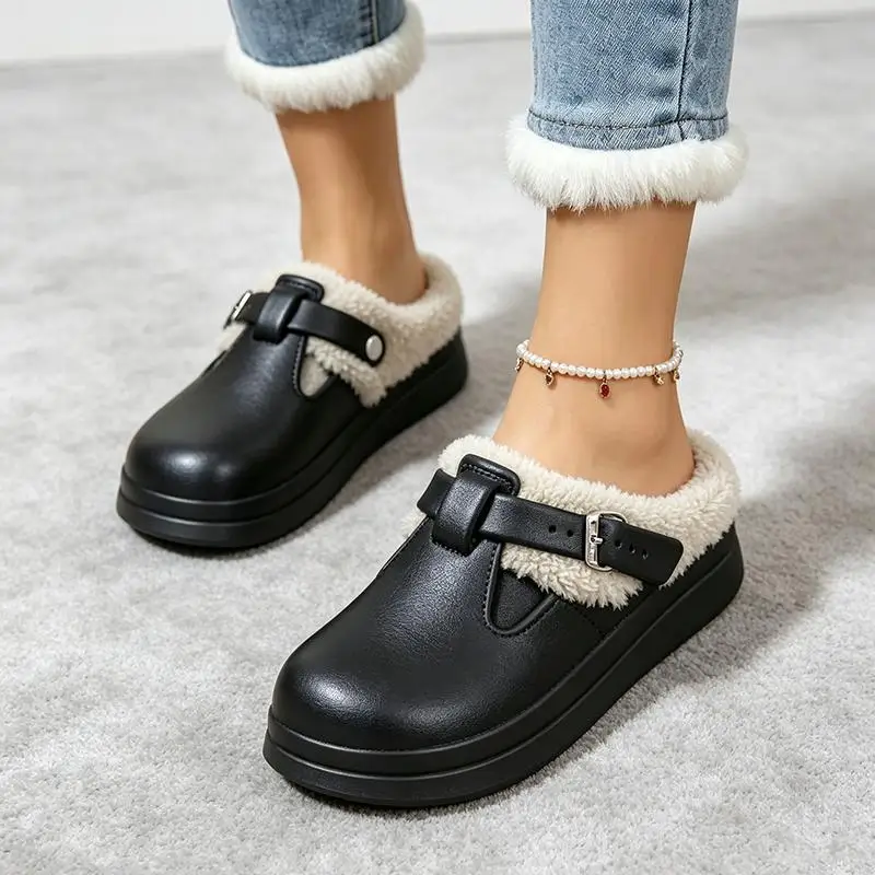 Casual Metal Buckle Warm Plush Mules Slippers Women Winter 2026 Soft Thick Sole Indoor Slippers Waterproof EVA Furry Clogs Mujer