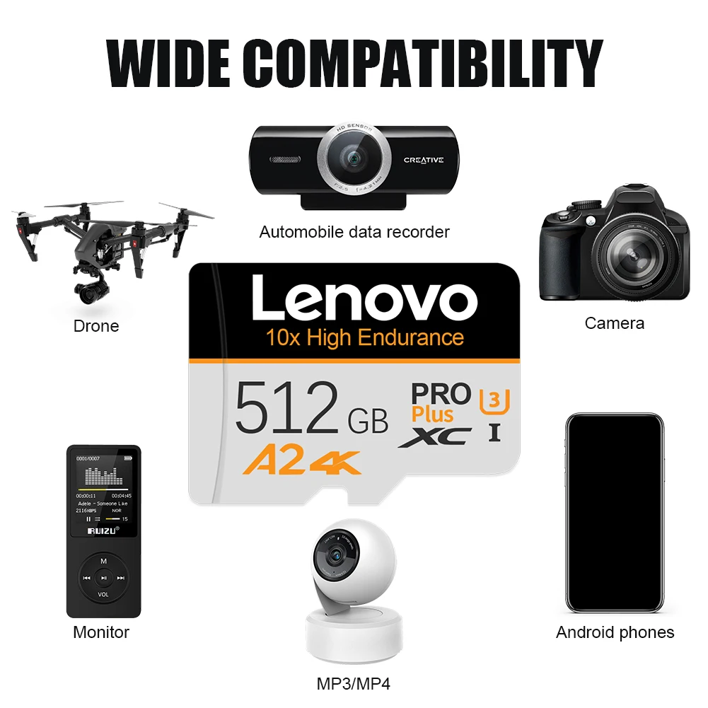Lenovo SD Card 256GB 512GB Micro TF SD Card Memory Card A2 V60 For Quadcopter 128GB High Speed 4K Video Drone Footage Storage