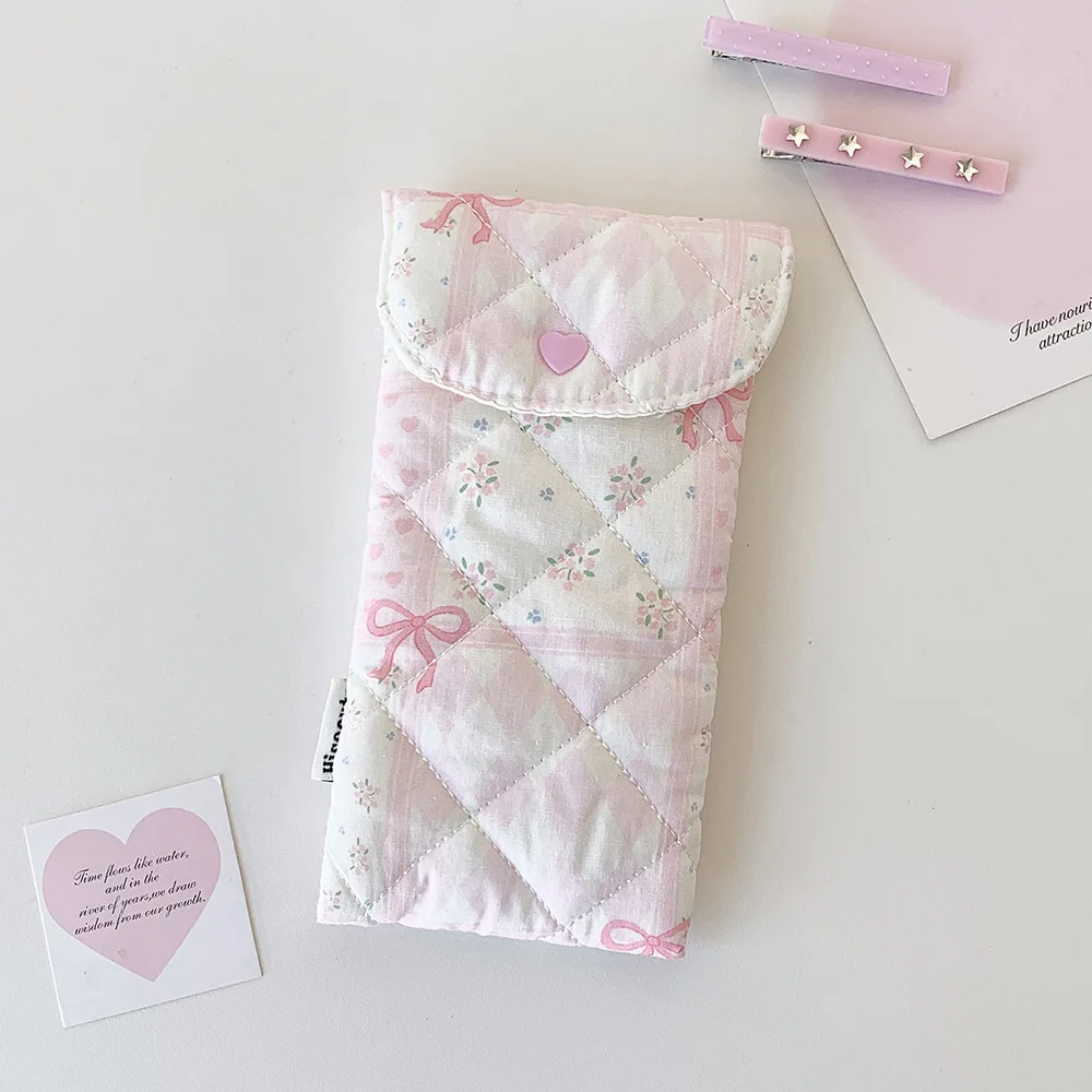 1pc Fashion Floral Bow Snap Pen Bag Student Stationery Girl Portable Glasses Storage Bag Large Capacity Travel Makeup Bag Gifts