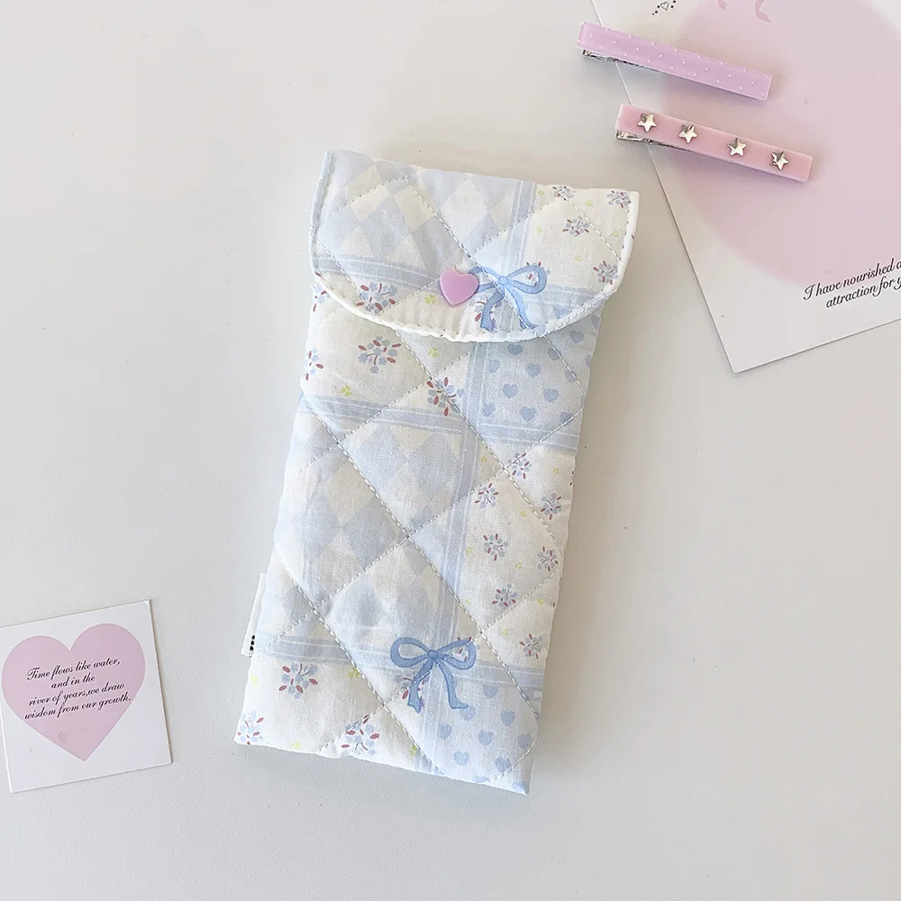 1pc Fashion Floral Bow Snap Pen Bag Student Stationery Girl Portable Glasses Storage Bag Large Capacity Travel Makeup Bag Gifts