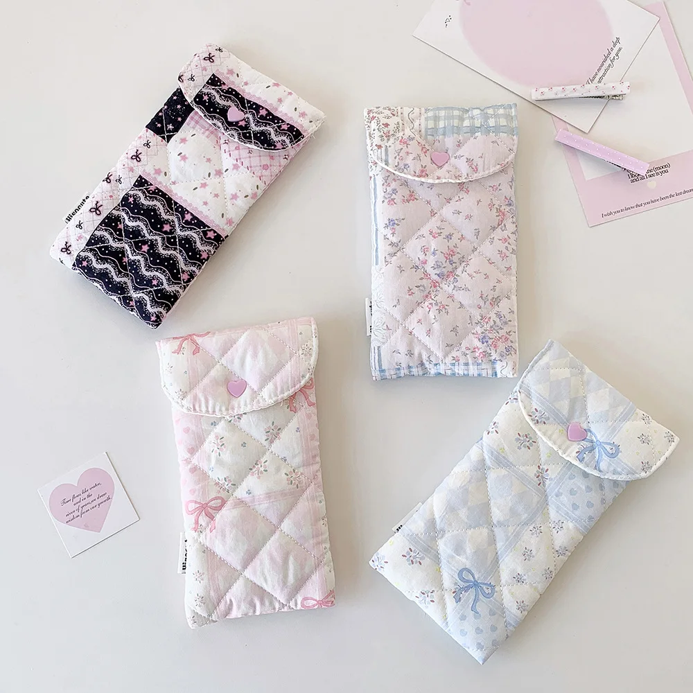 1pc Fashion Floral Bow Snap Pen Bag Student Stationery Girl Portable Glasses Storage Bag Large Capacity Travel Makeup Bag Gifts
