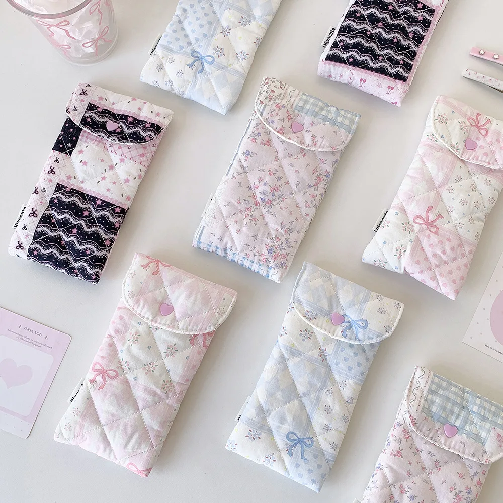 1pc Fashion Floral Bow Snap Pen Bag Student Stationery Girl Portable Glasses Storage Bag Large Capacity Travel Makeup Bag Gifts
