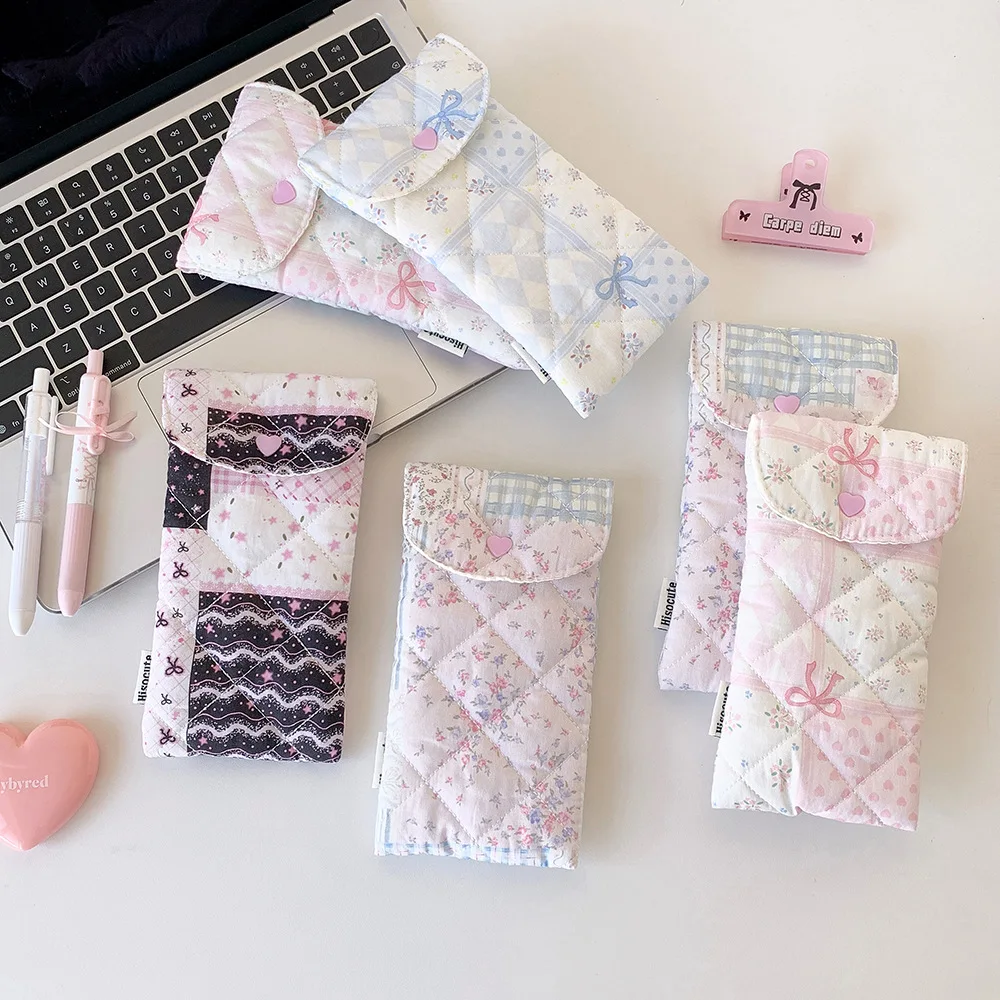 1pc Fashion Floral Bow Snap Pen Bag Student Stationery Girl Portable Glasses Storage Bag Large Capacity Travel Makeup Bag Gifts