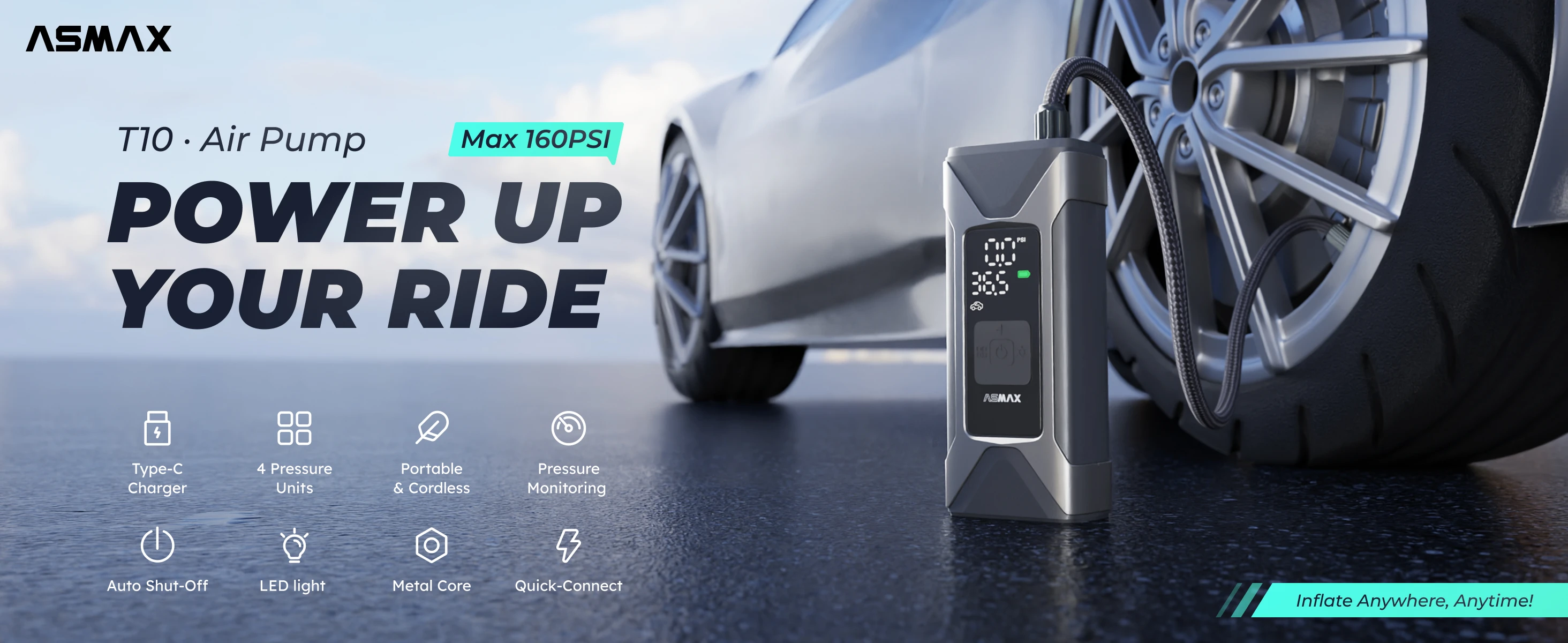 ASMAX T10 Air Pump Mini Portable 7500mAh Electric Air Compressor Treasure 160PSI Type-C LED Multitool Inflator for Car Moto
