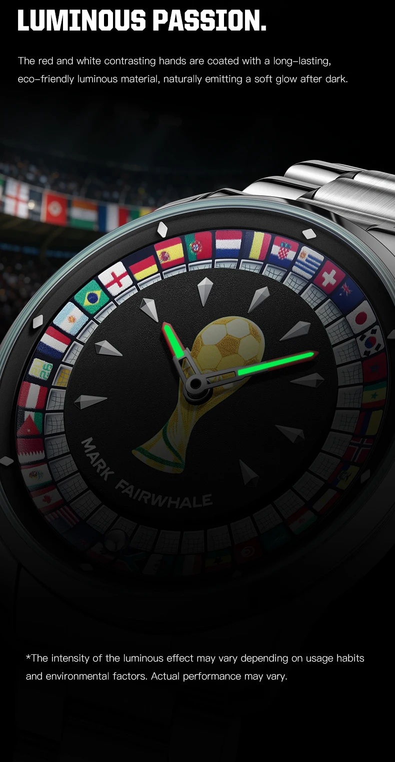 MARK FAIRWHALE 5087 Famous Football Sports Quartz Watch 360 ° Rotating Flag Dial Stainless Steel Strap Waterproof Watch for Man