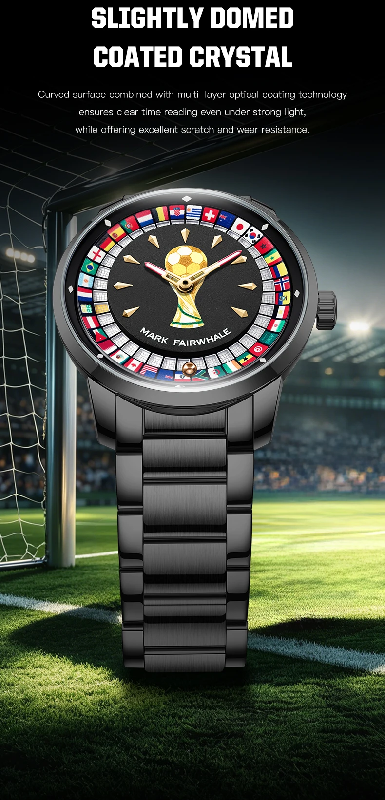 MARK FAIRWHALE 5087 Famous Football Sports Quartz Watch 360 ° Rotating Flag Dial Stainless Steel Strap Waterproof Watch for Man