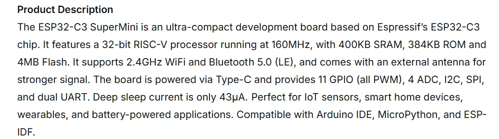 ESP32-C3 SuperMini Development Board WiFi Bluetooth-Compatible RISC-V Type-C for Arduino IOT Smart Home Compact Module Low Power