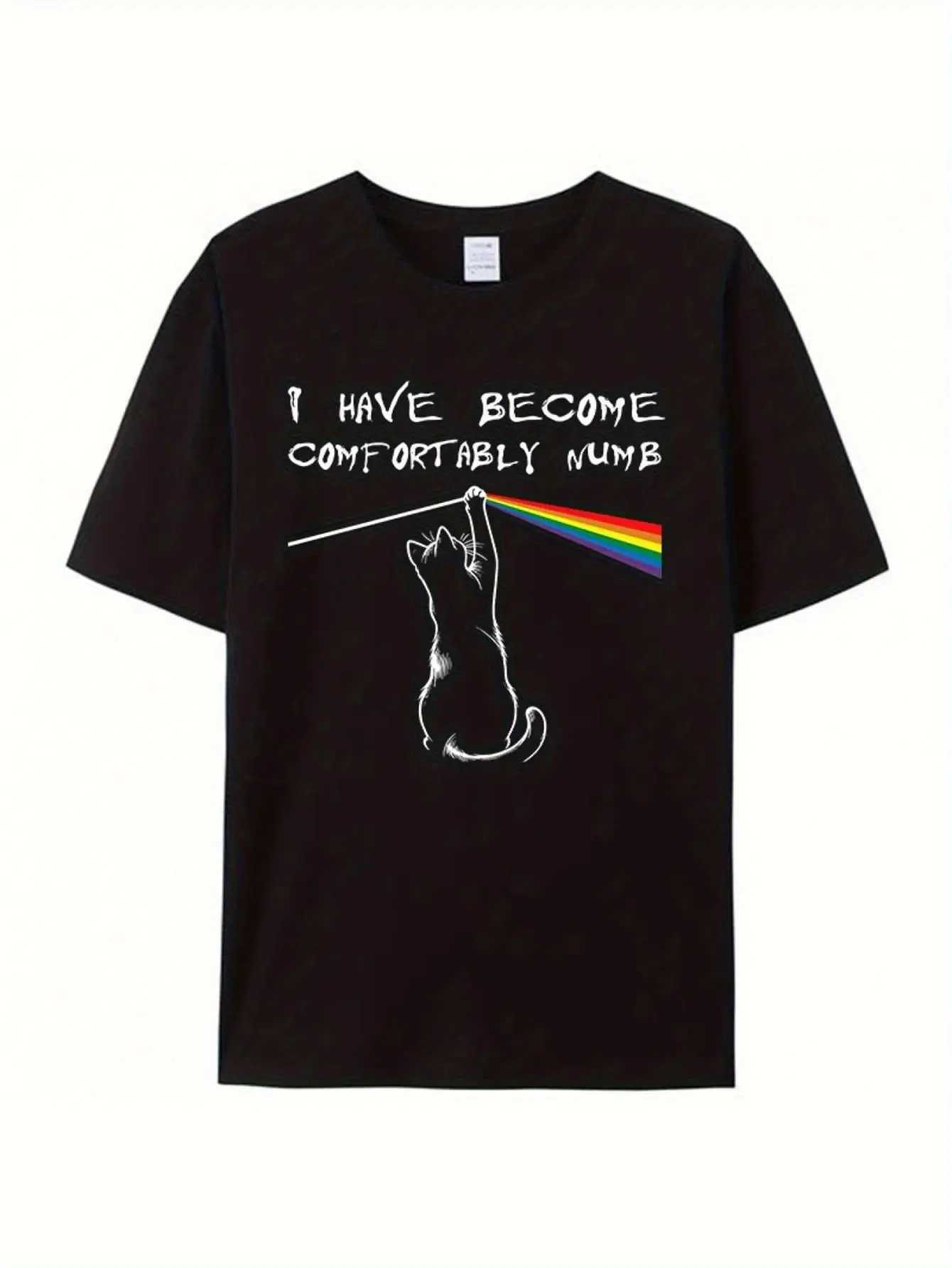 1PC Comfortably Numb Cat & Rainbow Graphic T-Shirt Unisex Tee with I Have Become Comfortably Numb Slogan & Cat-Eye Rainbow Design, Retro Music Band Style, Breathable Black Shirt for Concerts, Casual Wear & Music Fans - Funny Statement Top for Men & Wo