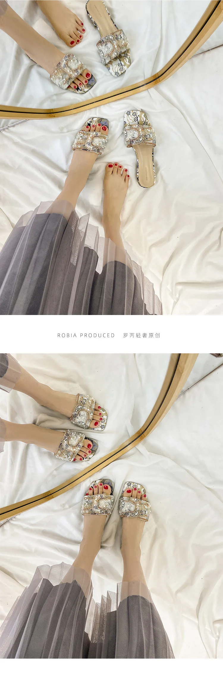 Coarse Sandals, Women's Summer Outside Wear Fashion Flat Women's Rhinestone Sandals, Casual Beach Flip-flops, Women's Shoes