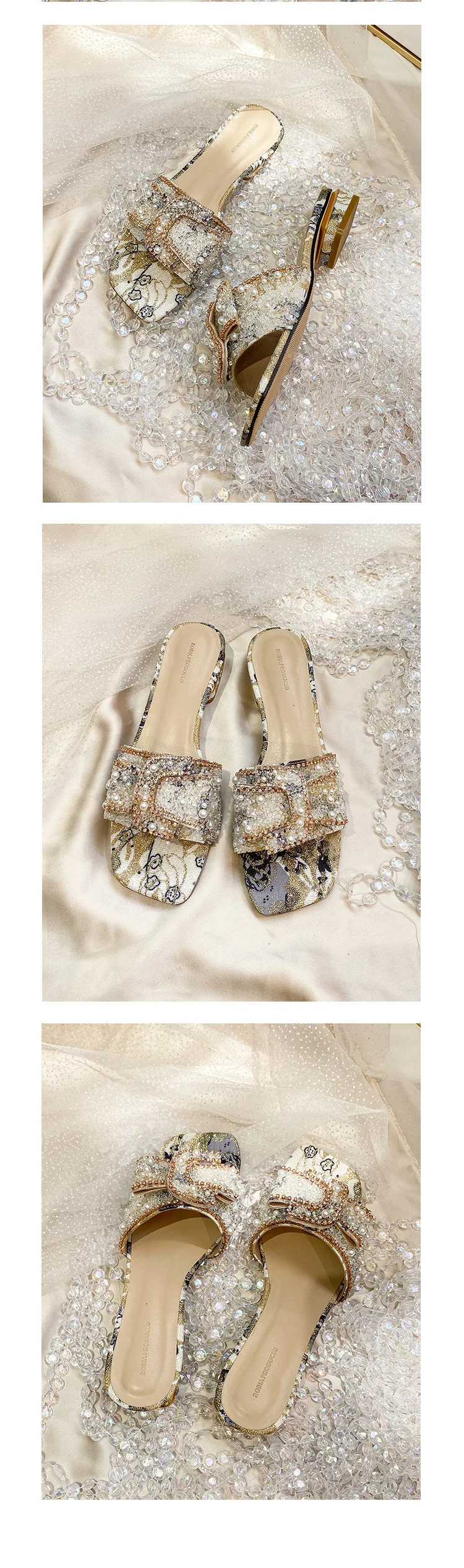 Coarse Sandals, Women's Summer Outside Wear Fashion Flat Women's Rhinestone Sandals, Casual Beach Flip-flops, Women's Shoes