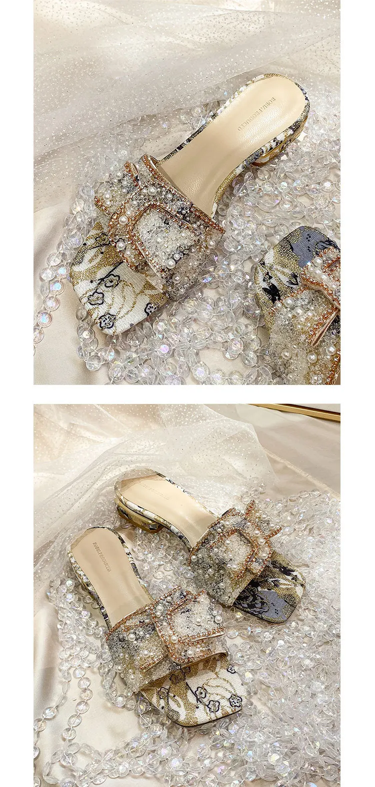 Coarse Sandals, Women's Summer Outside Wear Fashion Flat Women's Rhinestone Sandals, Casual Beach Flip-flops, Women's Shoes