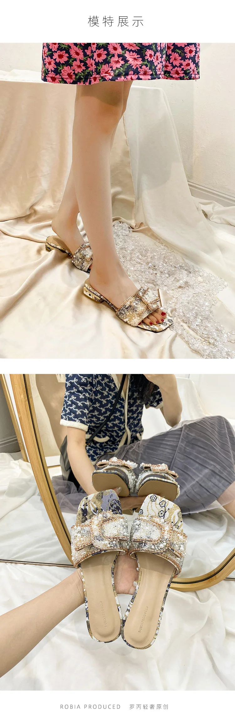 Coarse Sandals, Women's Summer Outside Wear Fashion Flat Women's Rhinestone Sandals, Casual Beach Flip-flops, Women's Shoes