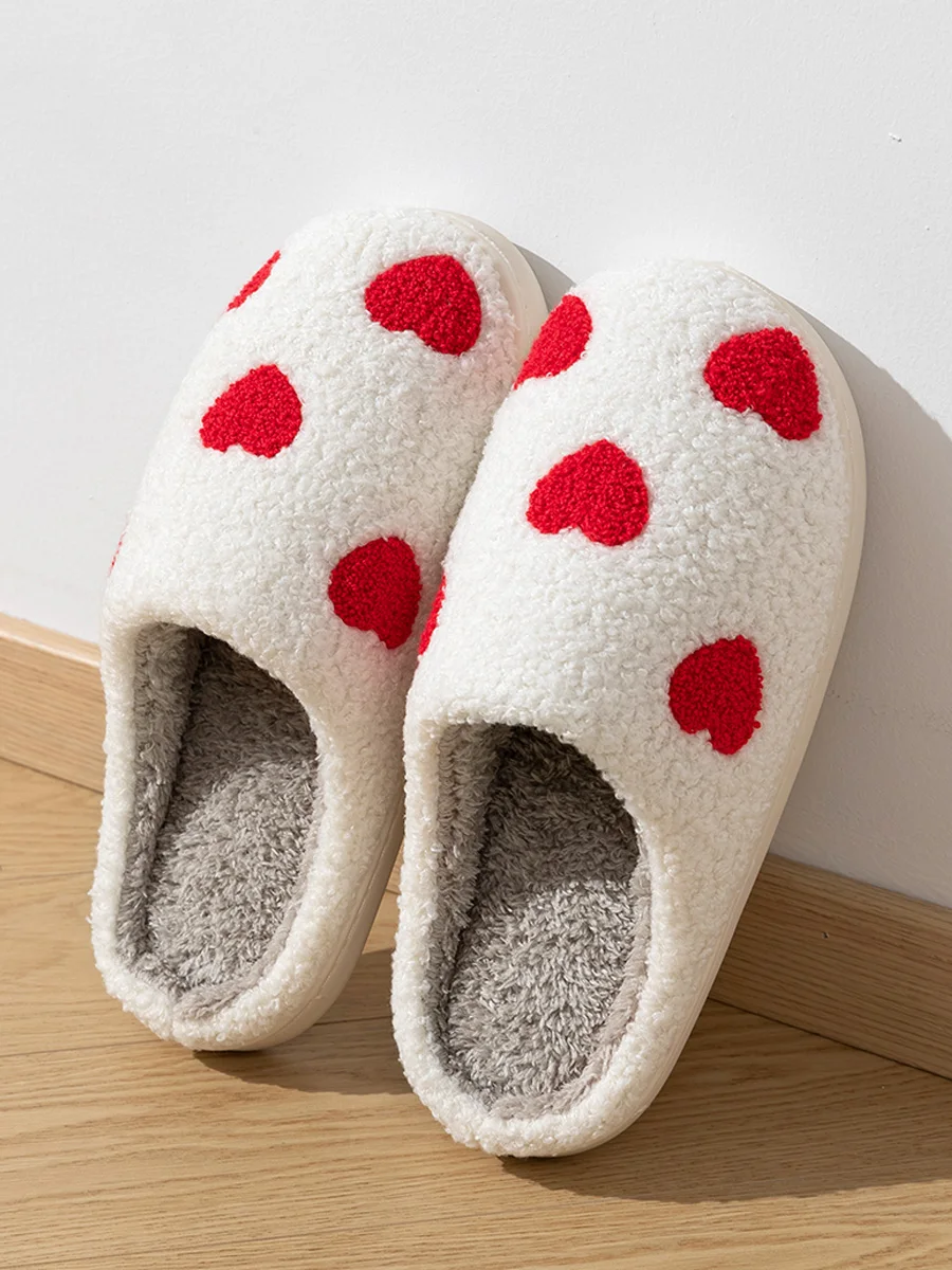 Cute House Slippers Women Winter Home Exquisite Little Heart Love Fuzzy Warm Comfy Non Slip Flat Plush Shoes Girls Gift Lover